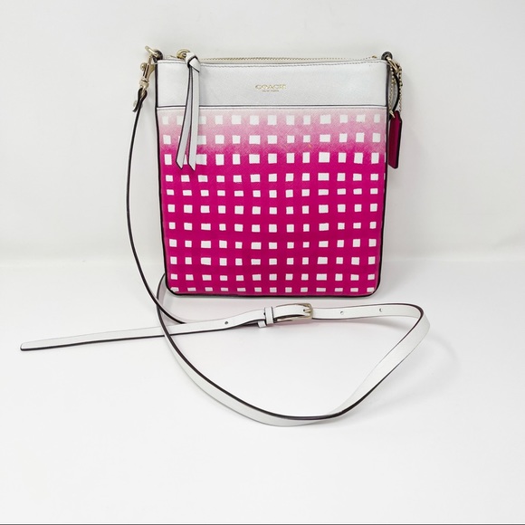 Coach Handbags - Coach Saffiano Leather Pink White Ombre Gingham N/S Crossbody Bag Swing Pack
